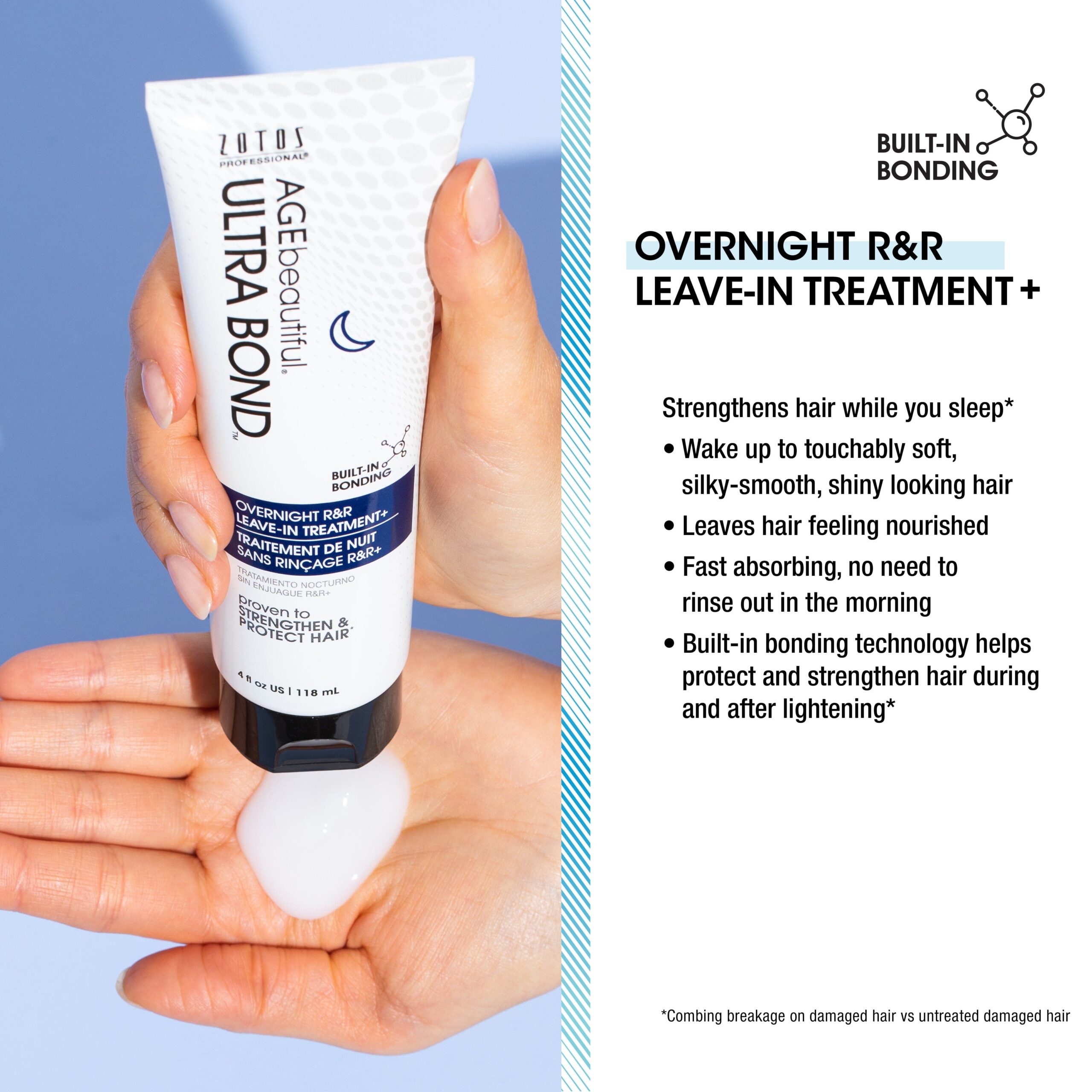 AGEbeautiful® Ultra Bond™ Overnight R&R Leave-in Treatment+ strengthens hair while you sleep.