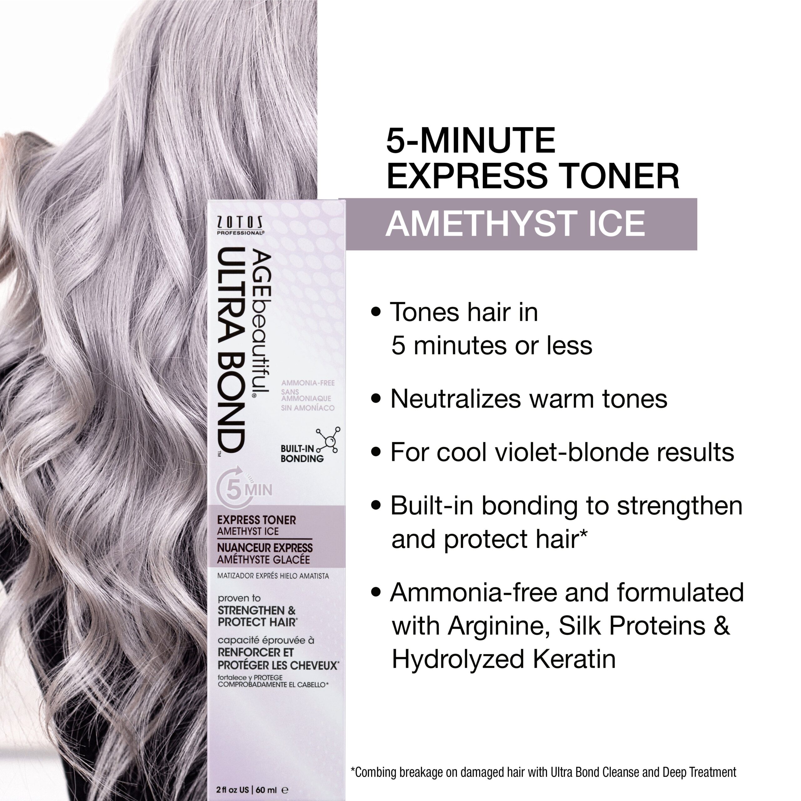 Tones hair in 5 minutes or less. Neutralizes warm tones. For cool violet-blonde results. Built-in bonding to strengthen and protect hair. Ammonia-free and formulated with Arginine, Silk Proteins and Hydrolyzed Keratin.
