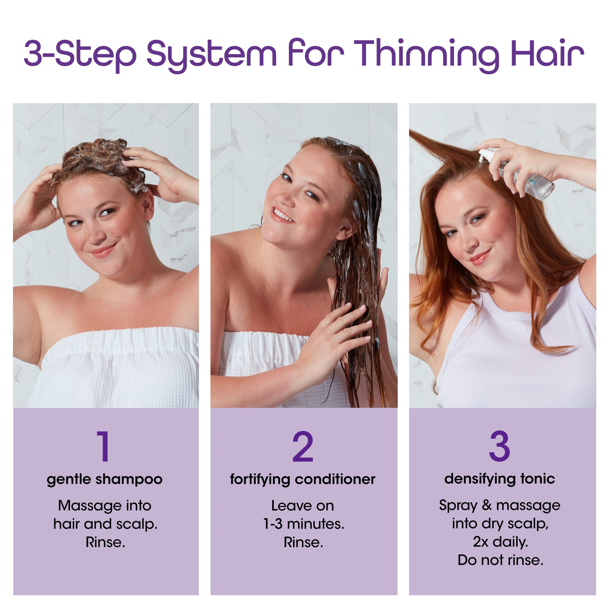 Step by step how to. Use the gentle shampoo and rinse, leave on conditioner for 1-3 minutes and rinse, then spray the densifying tonic onto dry scalp and massage 2x a day, do not rinse the tonic out.