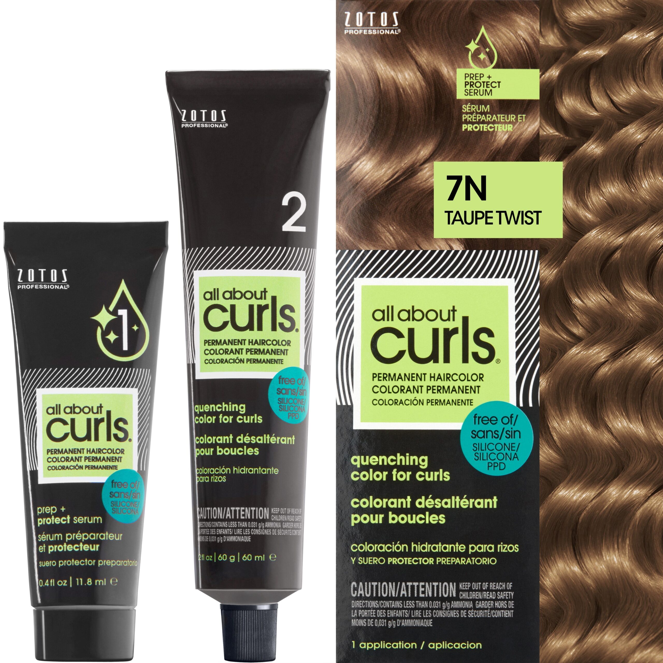 Two bottles and packaging for All About Curls Permanent Color in shade 7N Taupe Twist.