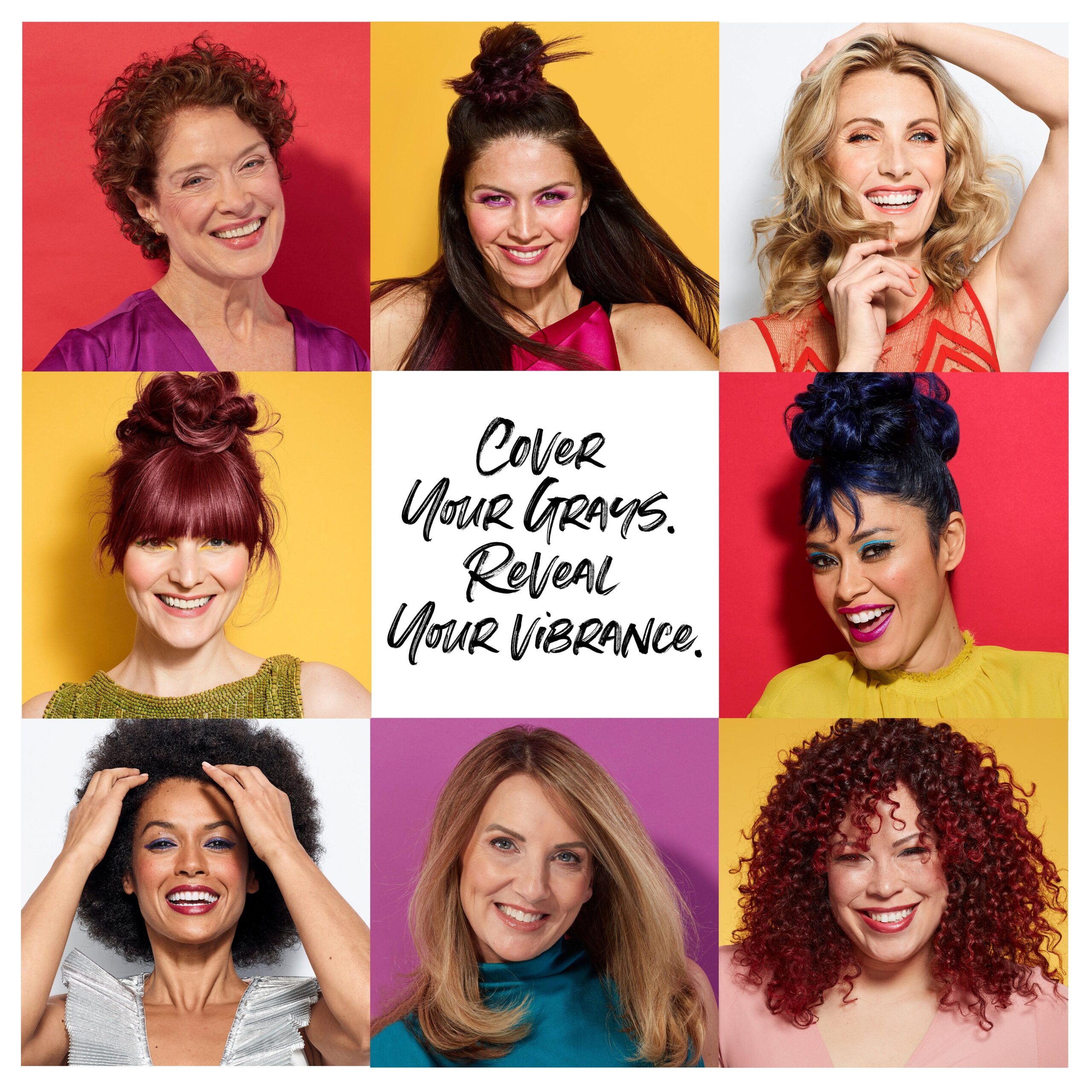 AGEbeautiful model montage with text “Cover your grays. Reveal your vibrance”.